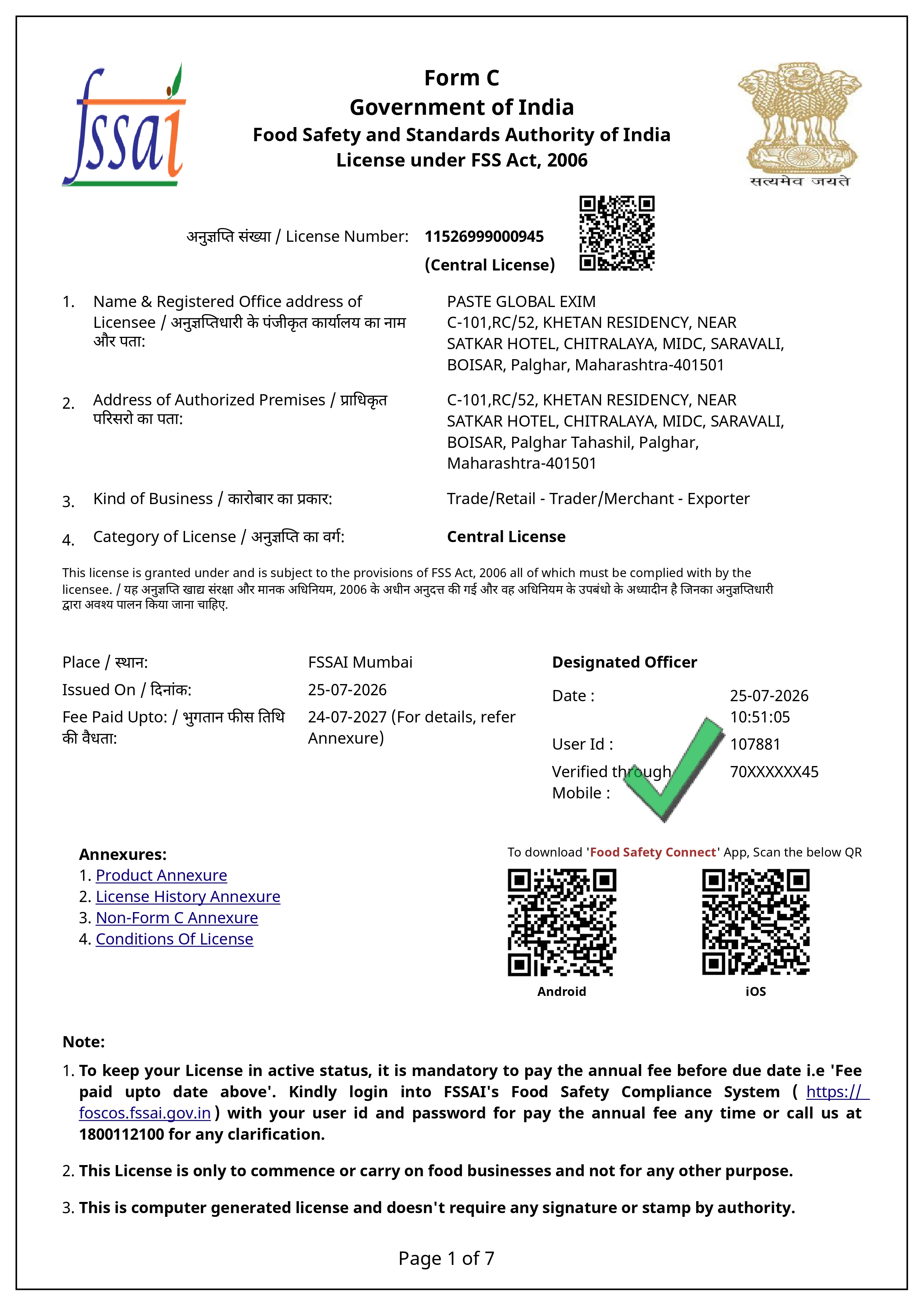 FSSAI License certificate